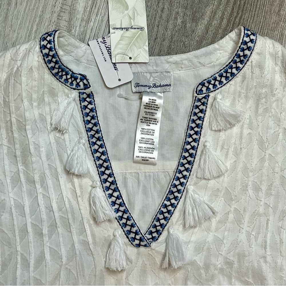 Tommy Bahama Dress Embroidered Tiered Size XS Cotton Tassels Boho Bohemian NWT - Picture 4 of 12